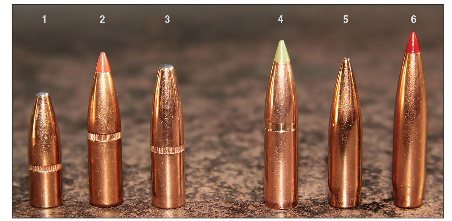 The three bullets used to test the 244 Remington (left) and the three 6mm Remington (right), included: (1) Remington’s 80-grain PSP, (2) Hornady’s 95-grain SST, (3) Speer’s 100-grain Grand Slam (all flat base bullets) and (4) Nosler’s 90-grain Expansion Tip, (5) Berger’s 95-grain Classic Hunter and (6) Hornady’s 103-grain ELD-X.